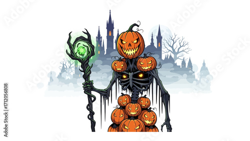 Halloween Pumpkin-Headed Monster: A towering Halloween monster, its body crafted from pumpkins and bones, stands before a silhouette of a haunted castle, wielding an otherworldly staff.