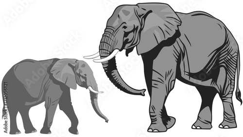 African Elephant Illustration Grey Scale Two Sizes Wildlife Animal Mammal Vector Graphic Nature Art Zoo Animal Savannah Animal Endangered Species Conservation Tusk Trunk Big Animal.