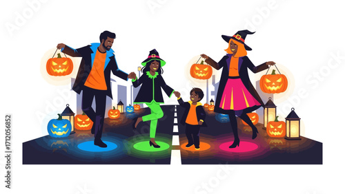 Halloween Family Fun: A vibrant and whimsical illustration captures a joyful family's festive Halloween celebration. A parent and child dressed in costume enjoy their trick or treat.