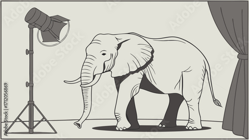 African Elephant in Studio Setting Monochrome Illustration Wildlife Animal Stage Lighting Curtain Graphic Design.