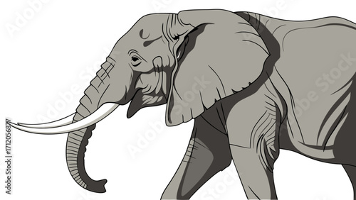 African Elephant Profile Wildlife Illustration Gray Scale Big Tusks Majestic Animal Nature Drawing Vector Art Animal Portrait Elegant Elephant Design.