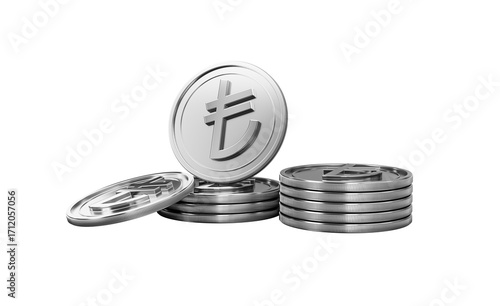 Shiny silver Turkish Lira coins symbolizing finance, wealth, and economy.