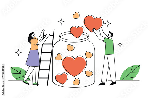 Modern illustration of community members contributing love and support to a donation jar filled with hearts, representing charity and giving back
