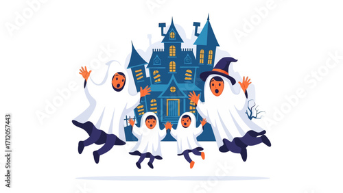 Spooky Family Halloween Adventure: A family dressed in ghost costumes gleefully jumps in front of a haunted house, bringing the whimsical essence of Halloween to life.