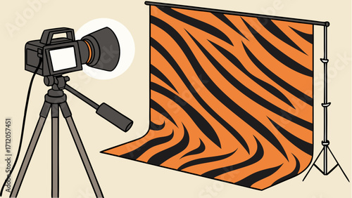 Camera on tripod photographing tiger stripe backdrop studio photography setup vector illustration.