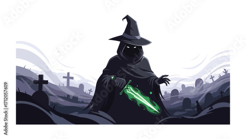 Mysterious Necromancer in Cemetery: A cloaked necromancer stands stoically in a haunting cemetery, wielding an ethereal, glowing blade, the moon casting an eerie shadow on the somber setting.