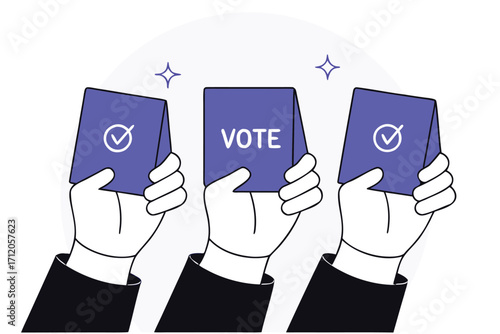 Empowering democracy hands holding vote cards with check marks promote civic participation and election awareness for marketing and social campaigns