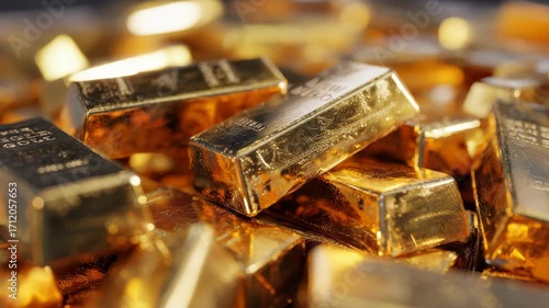 Wallpaper Mural Close-up of multiple gold bars stacked randomly, realistic photography style, on a blurred background. Concept of wealth and precious metals Torontodigital.ca