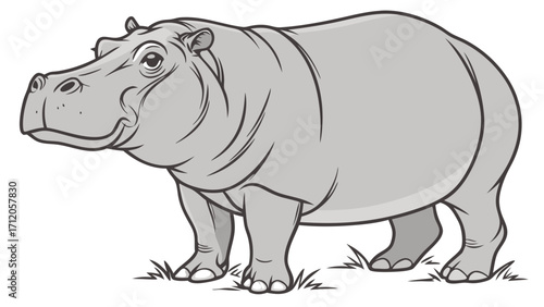 Cartoon Hippopotamus illustration Grey scale animal drawing wildlife African animal cute hippo mammal large animal herbivore thick-skinned animal nature fauna zoo animal vector art.