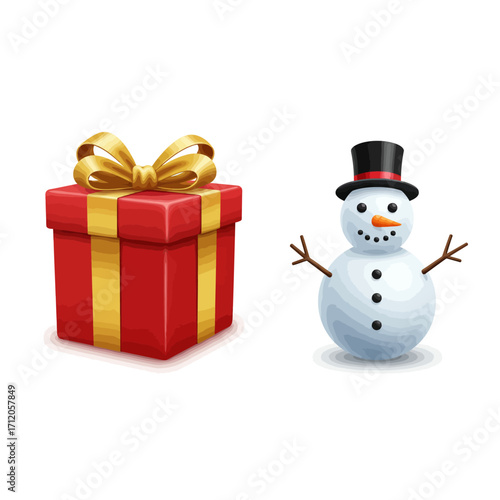 Cartoon Snowman with Top Hat and Red Gift Box with Golden Ribbon.