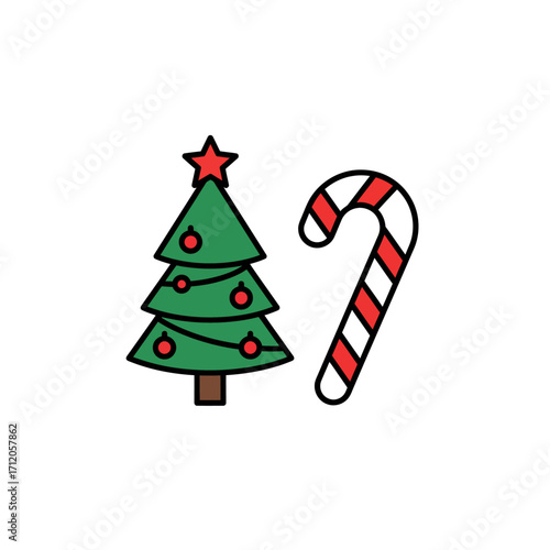 Christmas Tree with Star and Candy Cane Holiday Season Icon.