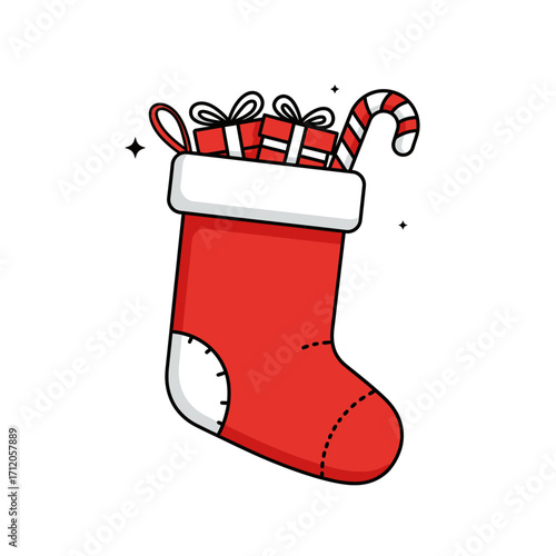 Festive Red Christmas Stocking Filled with Gifts and Candy Cane.