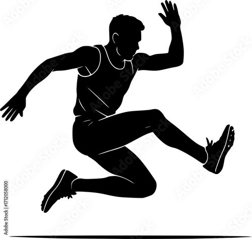 Monochrome vector silhouette of a decathlon athlete mid long jump, minimal black and white sports illustration for athletics, track, and field events.