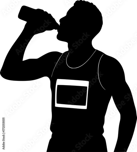 Black and white vector contour silhouette of an athlete drinking water post-race, minimal monochrome sports illustration for running, athletics, and fitness concepts.