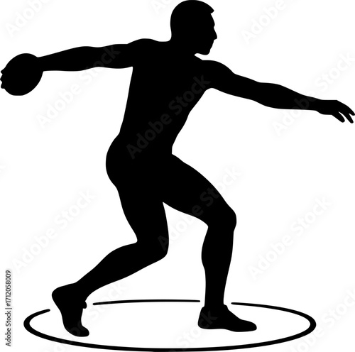 Black and white vector contour silhouette of a discus thrower spinning, minimal monochrome sports illustration for athletics, track and field, and throwing events.
