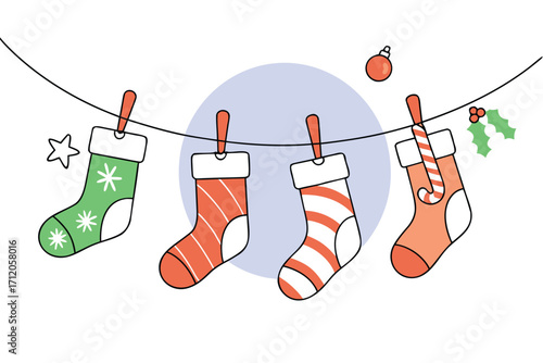Festive Christmas stockings hanging cheerfully on a string ready for Santa's arrival, perfect for adding holiday cheer to your designs