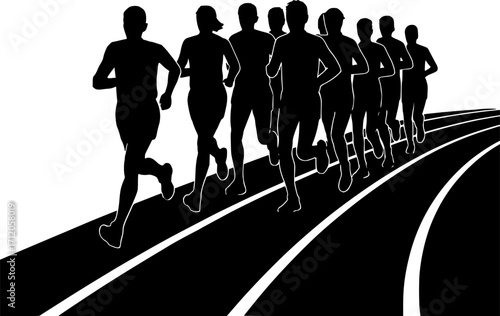 Monochrome vector silhouette of runners forming a pack on track, minimal black and white sports illustration for athletics, racing, and track events.
