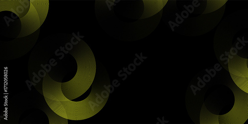 Halftone circular dot frame. Isolated circle dot texture on yellow background. Dotted spray texture. Black and yellow spiral circle sound wave logo abstract design element, modern.