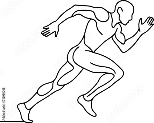Black and white vector contour outline of a sprinter’s powerful leg stride, minimal monochrome sports illustration for athletics, running, and fitness concepts.