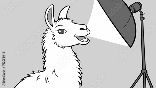 Cartoon llama photoshoot studio lighting animal illustration cute furry creature whimsical design graphic art black and white simple drawing vector illustration mascot design childrens.