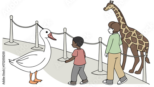 Children viewing animals at a zoo or wildlife park goose and giraffe illustration.