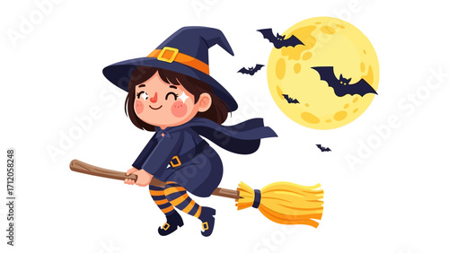 Whimsical Halloween Witch: A young, cheerful witch flies joyfully across the full moon on a broom, framed by bats, in a vibrant cartoon scene, embodying the festive spirit of Halloween.