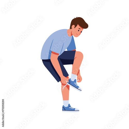 Vector art of young man tying his shoelaces on his blue sneakers
