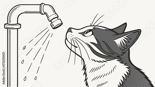 Cute Cat Looking at Water Spray from Faucet Vector Illustration for Pet Animal and Hygiene Designs.