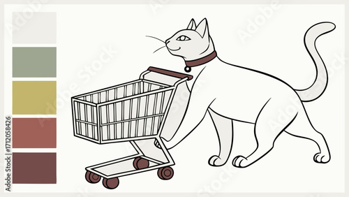 Cute Cat Pushing Shopping Cart Coloring Page Illustration.