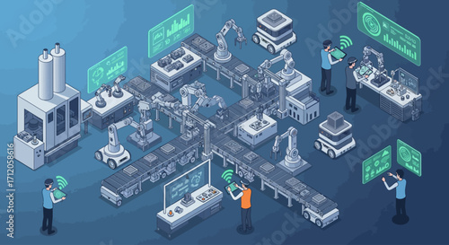 Vector design of industrial automation with robots and AI technology. Smart factory conveyor belt operated by robotic arms and self-driving mobile robots