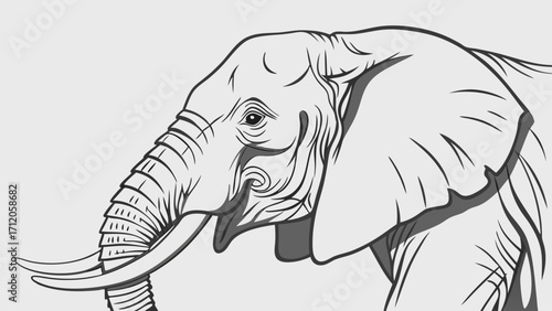 Elegant Elephant Head Illustration Monochrome Animal Portrait Wildlife Art Nature Design Vector Graphic T-shirt Print African Animal Grey Scale Side Profile Detailed Drawing.