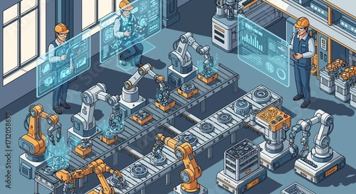 Vector design of industrial automation with robots and AI technology. Smart factory conveyor belt operated by robotic arms and self-driving mobile robots