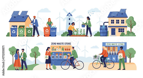 Vector illustration of eco-friendly lifestyle and sustainable living. People practicing recycling, renewable energy, organic farming, water saving, zero waste