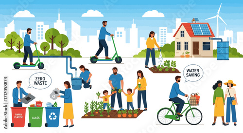Vector illustration of eco-friendly lifestyle and sustainable living. People practicing recycling, renewable energy, organic farming, water saving, zero waste