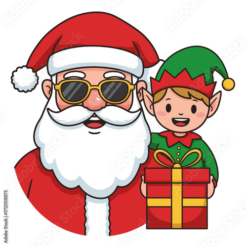 Cartoon Santa with Sunglasses and Elf Holding a Gift.