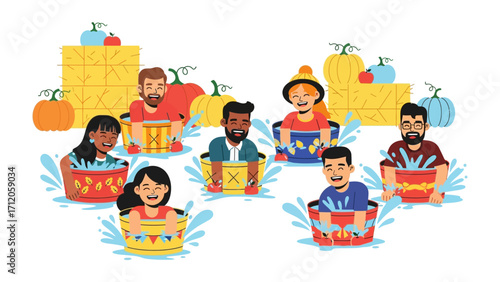 Pumpkins and People: A group of cheerful individuals enjoy a playful boat ride on a bright, fun-filled day surrounded by pumpkins and festive decorations. 