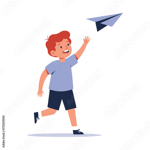 Vector art of a happy young boy with red hair, wearing a blue tshirt and dark shorts, running and throwing a paper airplane