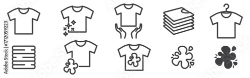 T-shirts linear icons set with editable stroke. Includes dirty, clean, dry and ironed shirt outline symbols with stacked T-shirts. Ideal for washing service, clothing care, laundry icons.