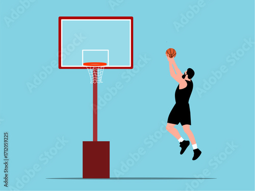 Dynamic vector illustration of a basketball player dunking on a hoop scalable eps for sports graphics
