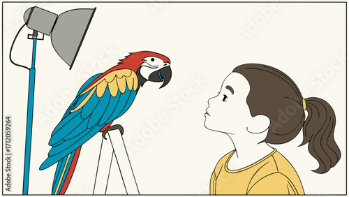 Girl looking at a parrot in a studio setting with lighting equipment.