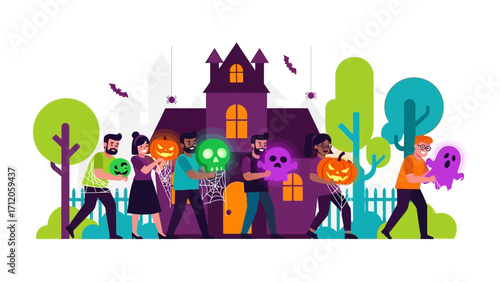 Spooky Festivities: Illustrative artwork captures a lively Halloween gathering, featuring diverse individuals with glowing pumpkin, skull, and ghost motifs, gathered around a haunted house.