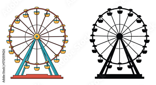 Colorful and monochrome illustration of a classic ferris wheel design
