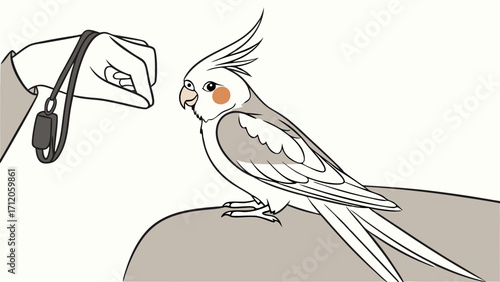 Hand Training a Small Bird Pet Bird on Perch Avian Illustration Cockatiel Illustration Line Art.