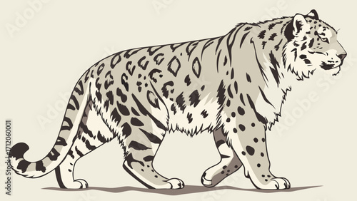 Illustration of a snow leopard walking wildlife animal big cat spotted fur elegant design nature art fauna predator wild cat zoology majestic creature graphic design element print po.