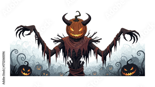 Spooky Pumpkin Figure: A chilling, fantastical pumpkin figure stands amidst a mist-covered scene, exuding an eerie and imaginative ambiance with sinister glow.