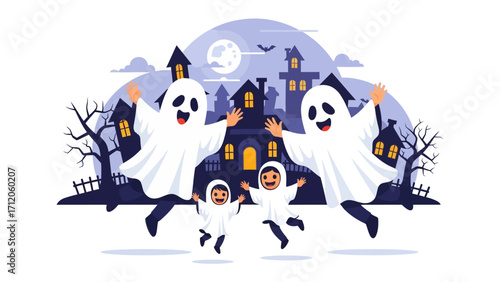 Enchanting Halloween: A heartwarming family scene unfolds, as children dressed in ghost costumes gleefully leap in the air against the backdrop of a spooky haunted house and a luminous full moon.