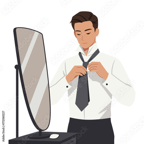 Vector art of man tying a tie in front of a mirror
