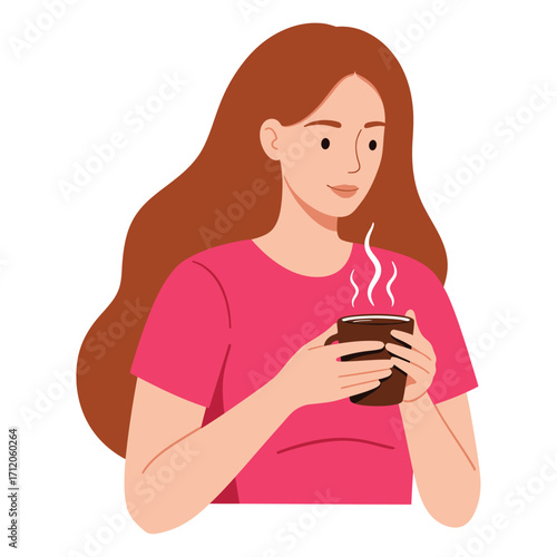 Vector art of young woman with long brown hair holding a steaming cup of coffee or tea