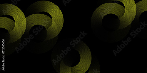 Halftone circular dot frame. Isolated circle dot texture on yellow background. Dotted spray texture. Black and yellow spiral circle sound wave logo abstract design element, Eps 10.