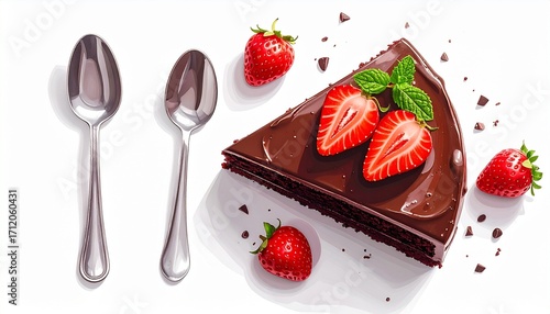 Chocolate Cake Slice with Strawberries and Spoon on White Background